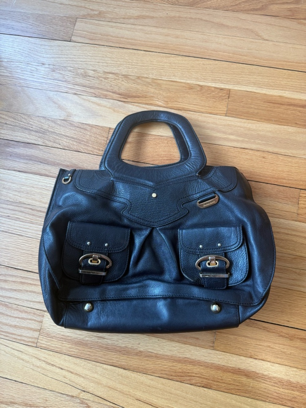 Charles David Black Leather Bag with Front Pockets and Gold Hardwear